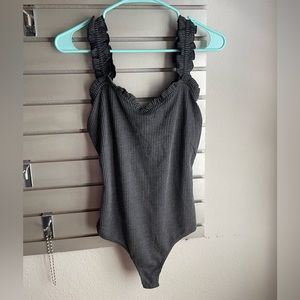 Gray striped body suit